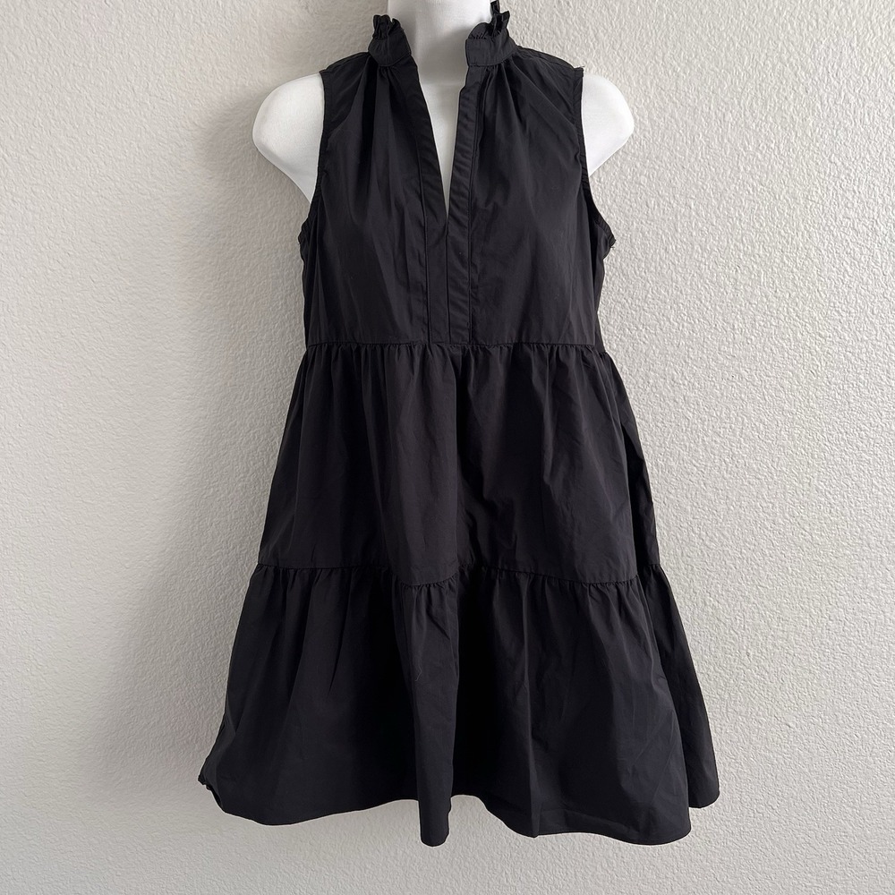 Small Black Tiered Mini Dress Lightweight Ruffle Neck Babydoll Swing Olivaceous